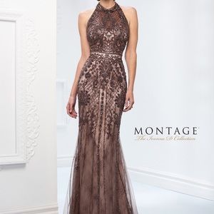 Montage by Mon Cheri Brown Embellished Halter Evening Gown